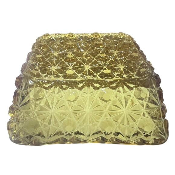 L.E. Smith Amber Daisy & Button Square Glass Bowl 4" Candy Nut Dish Vintage - Picture 3 of 6